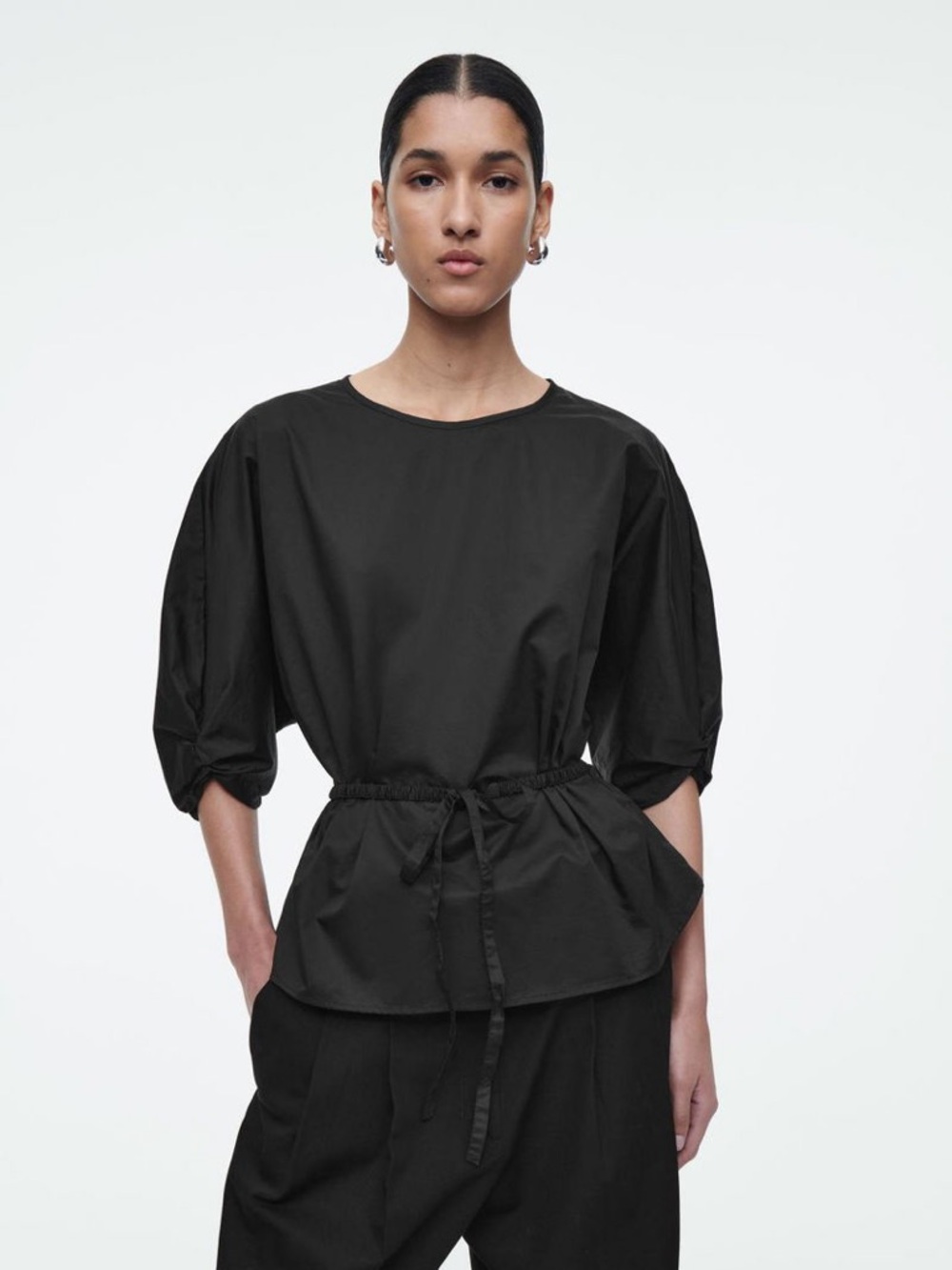 COS Belted Puff-Sleeve Blouse | Black | Size 6
